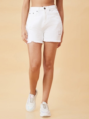 Globus Distressed Women White Denim Shorts