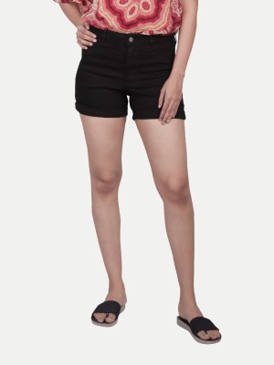 radprix Solid Women Denim Black Casual Shorts