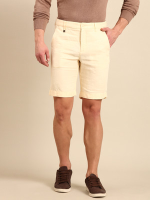 Linen Club Solid Men Beige Casual Shorts