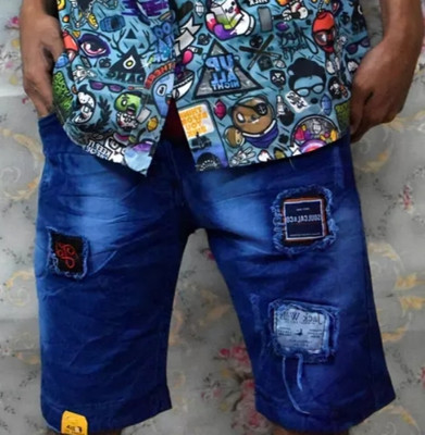 Pryann Solid, Self Design Men Denim Blue Denim Shorts