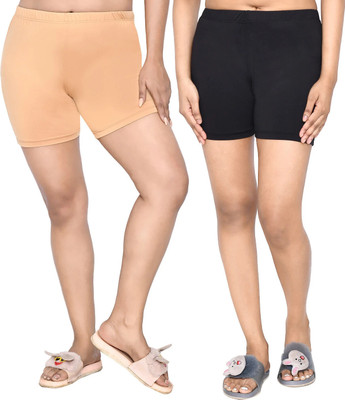 altius Solid Women Beige, Black Basic Shorts