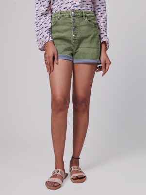 radprix Solid Women Denim Green Denim Shorts