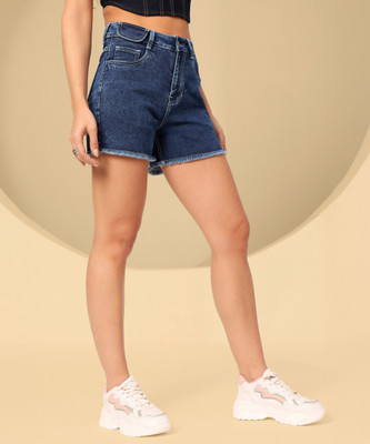 DOLCE CRUDO Solid Women Denim Dark Blue Denim Shorts