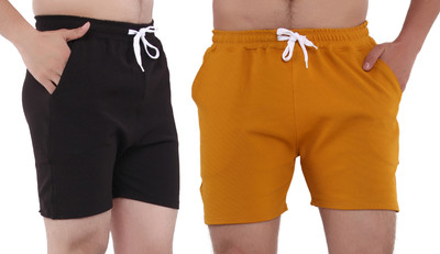GTwo Solid Men Black, Yellow Basic Shorts