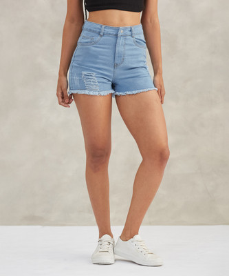 DOLCE CRUDO Solid Women Denim Blue Baggy Shorts