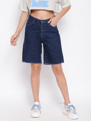 Belliskey Solid Women Denim Dark Blue Denim Shorts