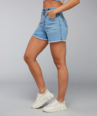 DOLCE CRUDO Solid Women Denim Blue Casual Shorts