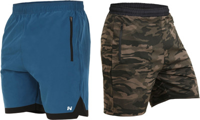 NINQ Solid, Military Camouflage, Printed Men Blue, Green Sports Shorts