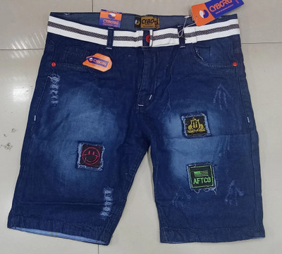 Hyooooo Solid Men Denim Blue Cargo Shorts