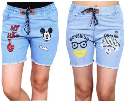 KUDZ Printed Women Reversible Blue Denim Shorts