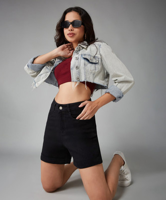 DOLCE CRUDO Solid Women Denim Black Denim Shorts