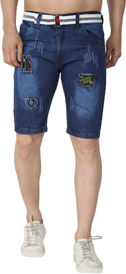 hyooo Solid Men Denim Blue Denim Shorts