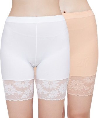 PLUMBURY Solid Women Beige, White Cycling Shorts