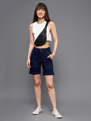 Dressberry Solid Women Blue Denim Shorts