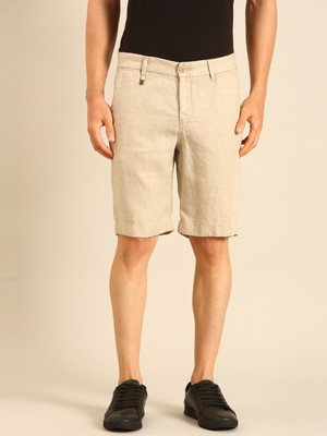 Linen Club Solid Men Beige Casual Shorts