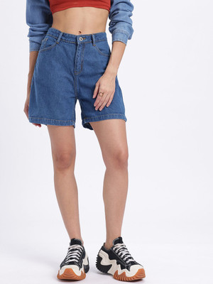 Dressberry Solid Women Blue Denim Shorts