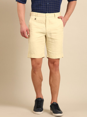 Linen Club Solid Men Beige Casual Shorts
