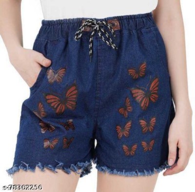 RIMMYCOLLECTION Printed Women Denim Blue Regular Shorts