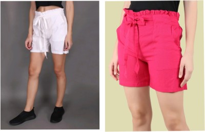 SEZNILA Solid Women Reversible White, Pink Regular Shorts, Casual Shorts