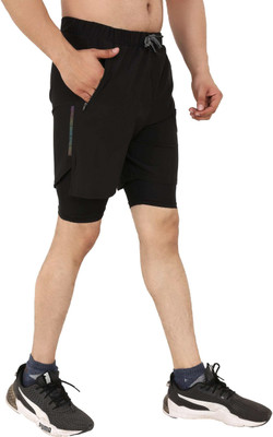 NINQ Solid Men Black Gym Shorts, Sports Shorts, Cycling Shorts, Running Shorts, Compression Shorts