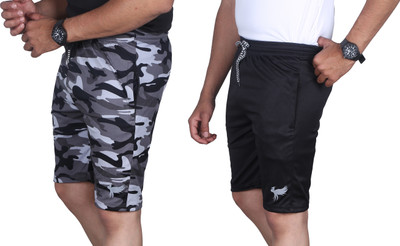 FLYENZA Solid, Military Camouflage Men Multicolor, Black Sports Shorts