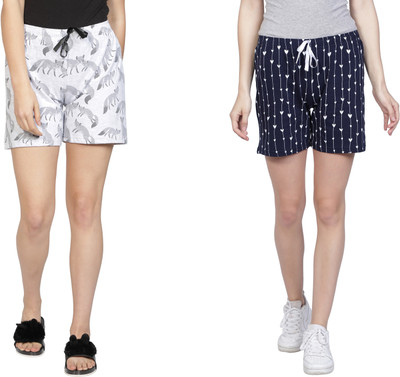 HouseOfCommon Printed Women White, Blue Beach Shorts, Night Shorts, Regular Shorts, Running Shorts, Cycling Shorts