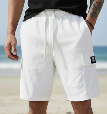 INDICLUB Self Design Men White Regular Shorts