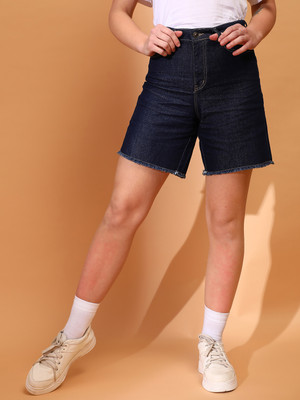 TALES & STORIES Solid Women Blue Denim Shorts