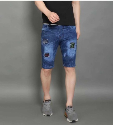 hyooo Solid Men Denim Blue Denim Shorts