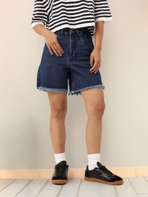 Dressberry Solid Women Blue Denim Shorts