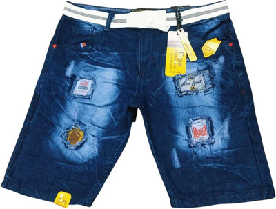 yourtee Checkered Men Denim Dark Blue Denim Shorts