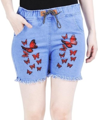 BRANDING Printed Women Denim Blue Denim Shorts