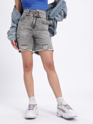 Dressberry Solid Women Grey Denim Shorts