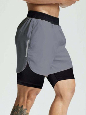 CULISH Color Block Men Grey Sports Shorts, Gym Shorts