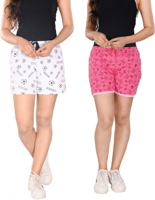 StyleAone Printed Women White, Pink Regular Shorts