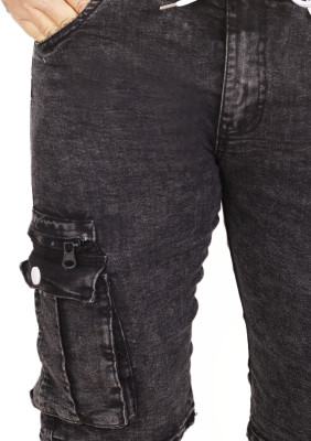 QFA Dyed/Washed Men Denim Black Cargo Shorts