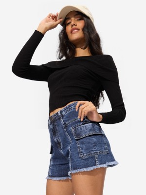 The Souled Store Solid Women Blue Basic Shorts