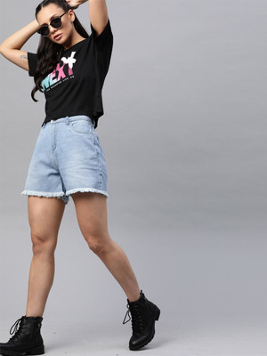 Roadster Solid Women Blue Denim Shorts