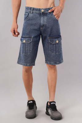 NIVASU Solid, Self Design Men Blue Cargo Shorts
