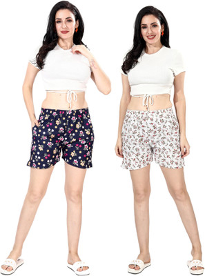 Nisvaa By Ribnee Floral Print Women Dark Blue, White Regular Shorts