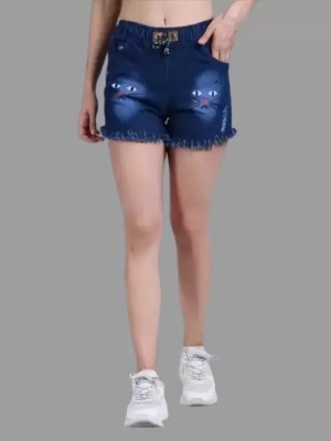 Jg Enterprise Self Design Women Denim Dark Blue High Waist Shorts