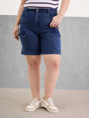 SASSAFRAS Curve Solid Women Dark Blue Bermuda Shorts