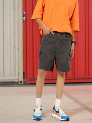 Kook N Keech Solid Men Black Denim Shorts