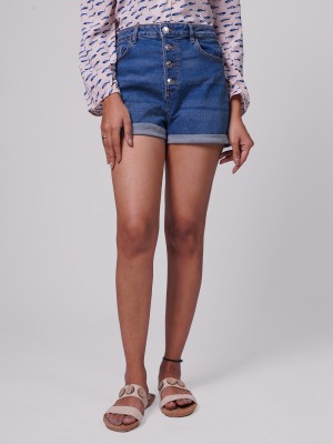 radprix Solid Women Denim Blue Denim Shorts