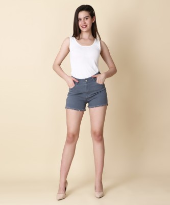 AADVI FASHION Solid, Self Design Women Denim Grey Denim Shorts