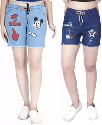Emprace Printed Women Denim Blue Denim Shorts