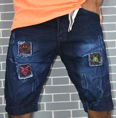 HYO Dyed/Washed Men Denim Dark Blue Denim Shorts