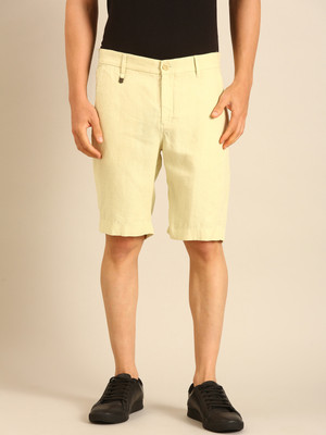 Linen Club Solid Men Yellow Casual Shorts
