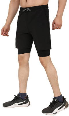 TRAIN HARD EVERYDAY Solid, Color Block Men Reversible Black Sports Shorts