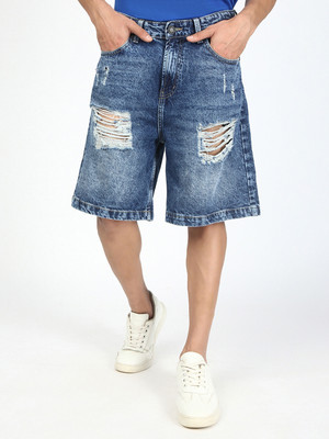 Bene Kleed Distressed Men Dark Blue Denim Shorts